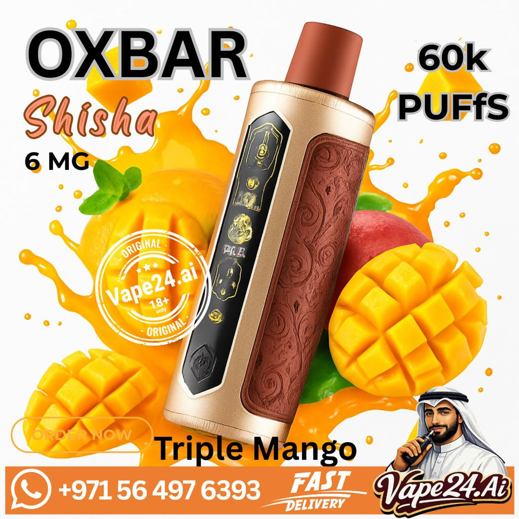 OXBAR Triple Mango Shisha vape device with a gold and brown textured body, surrounded by mango graphics and flavor text on a white background with a Vape24Ai logo.