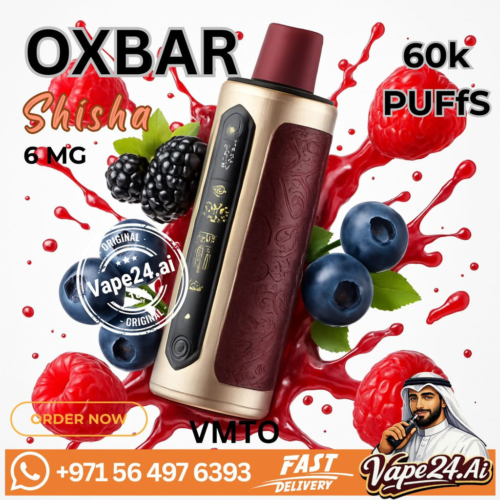 Oxbar Shisha 6MG disposable vape device in a champagne gold and dark burgundy color, surrounded by fresh berries and red liquid splashes on a white background with promotional text overlays.