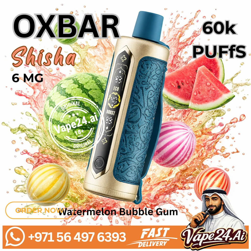 Oxbar Shisha 6 MG Watermelon Bubble Gum vape pen shown with watermelon graphics, candy illustrations, and promotional text including '60k Puffs' and 'Watermelon Bubble Gum' on a white background with a Vape24.Ai logo.