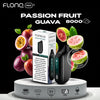 Flonq vape device and packaging with passion fruit and guava graphics on a black background