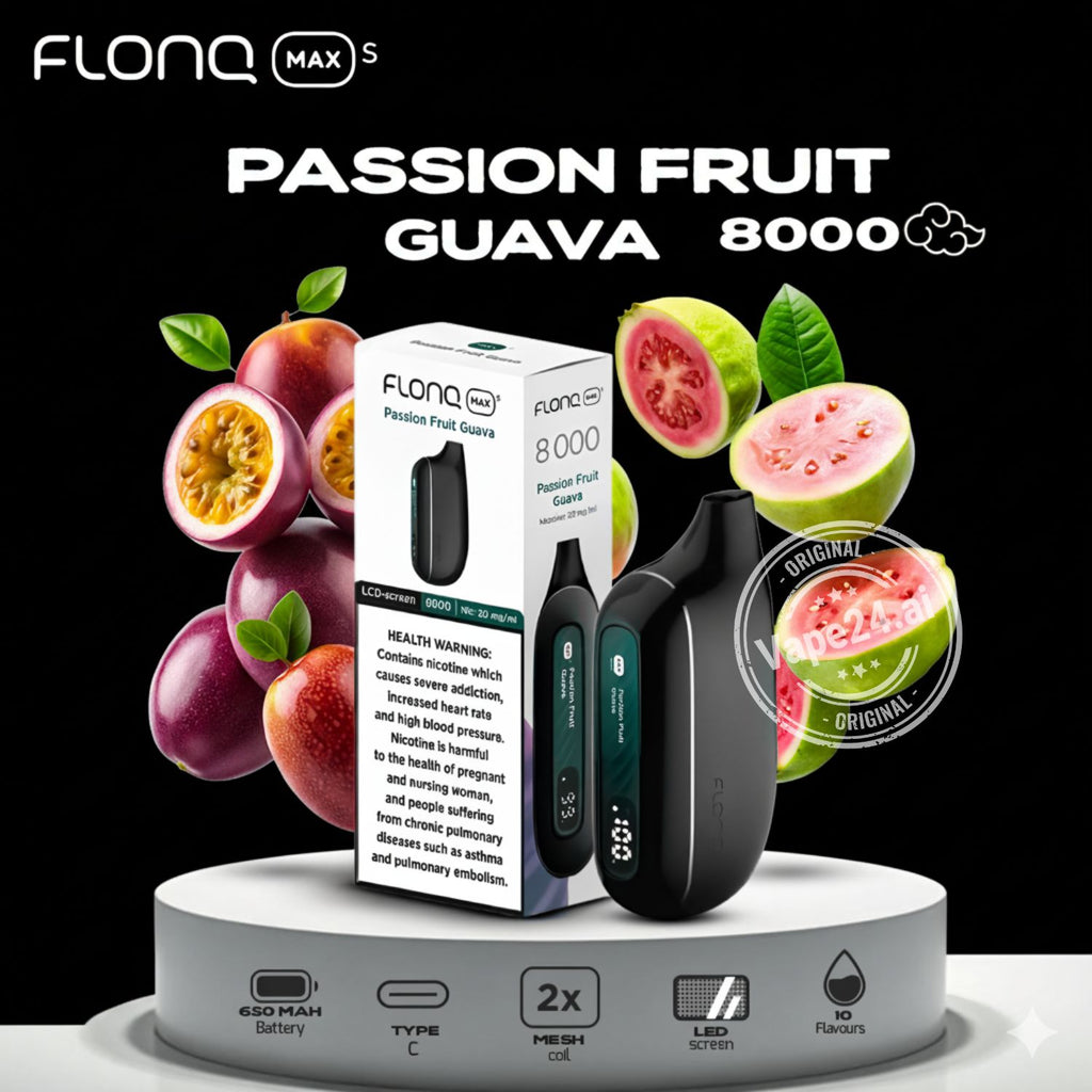 Flonq vape device and packaging with passion fruit and guava graphics on a black background