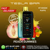 Tesla Bar vape device with peach gummies flavor on a colorful background