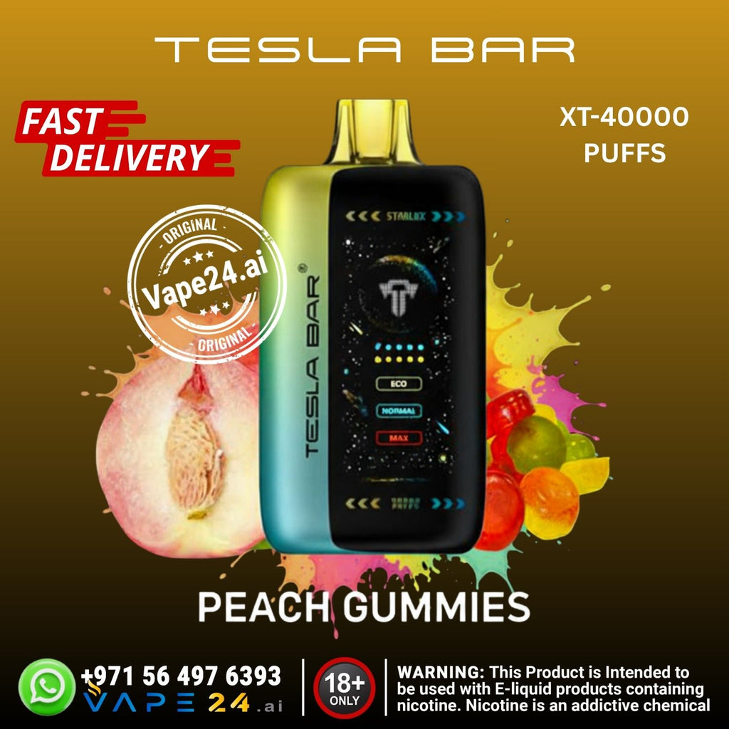 Tesla Bar vape device with peach gummies flavor on a colorful background
