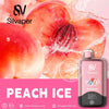 Silvaper peach ice vape device with peaches and water droplets on a pink background