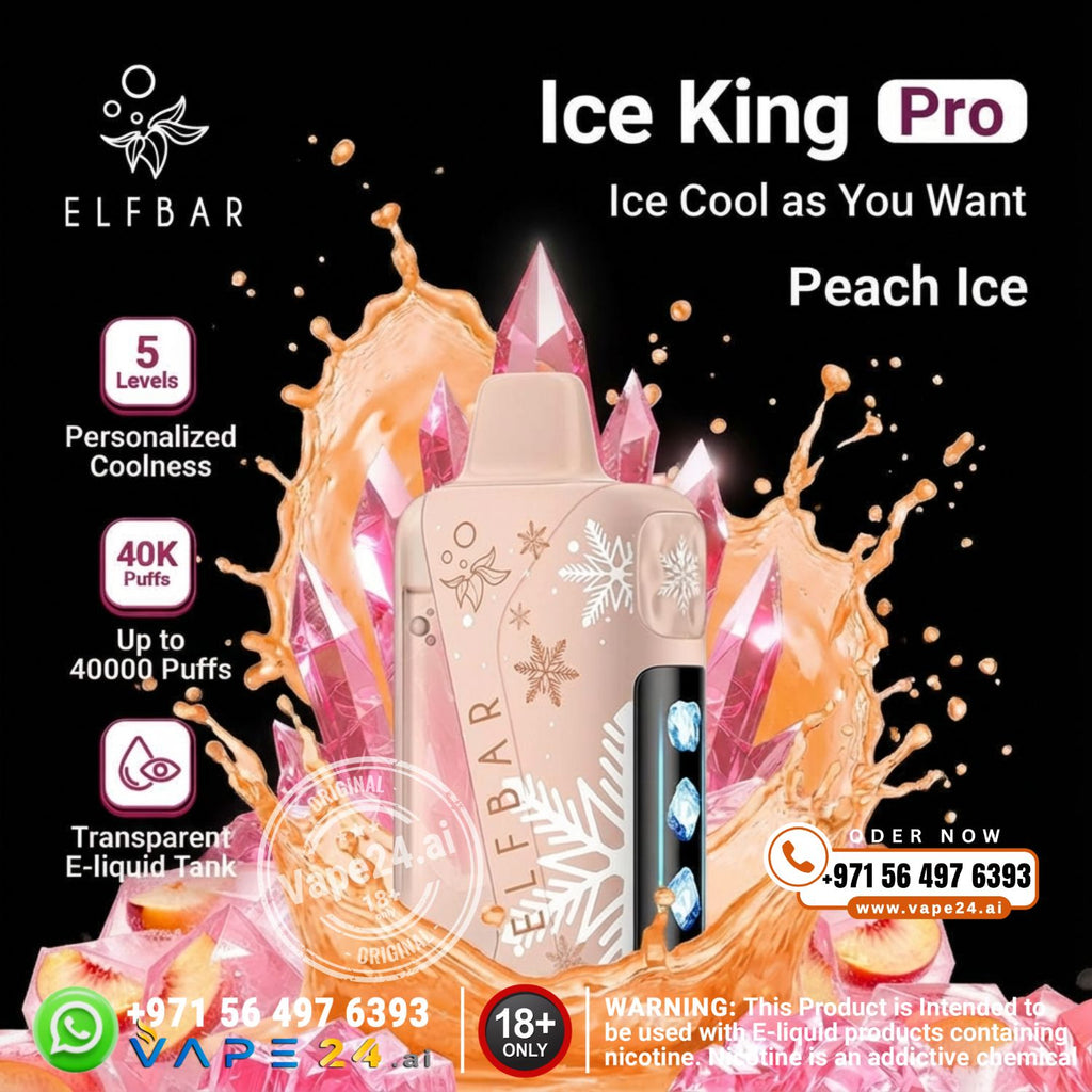 Elfbar Ice King Pro vape device with peach ice flavor on a black background