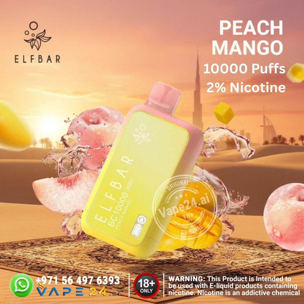 Elf Bar BC10000 puffs 20mg peach mango vape device with fruit graphics and branding on a desert background