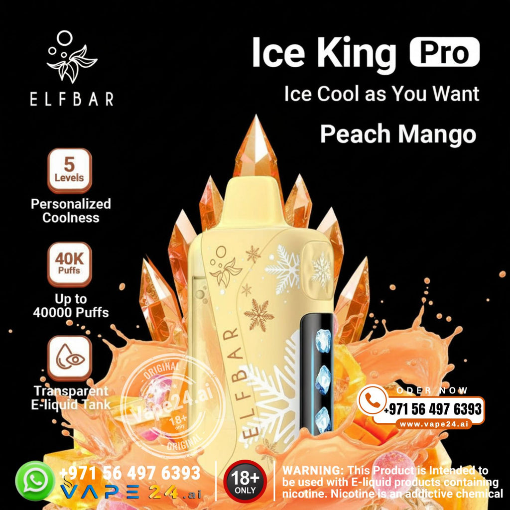 Elfbar Ice King Pro vape device with peach mango flavor on a black background