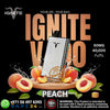 Advertisement for IGNITE Vape with peach flavor and product details on a black background