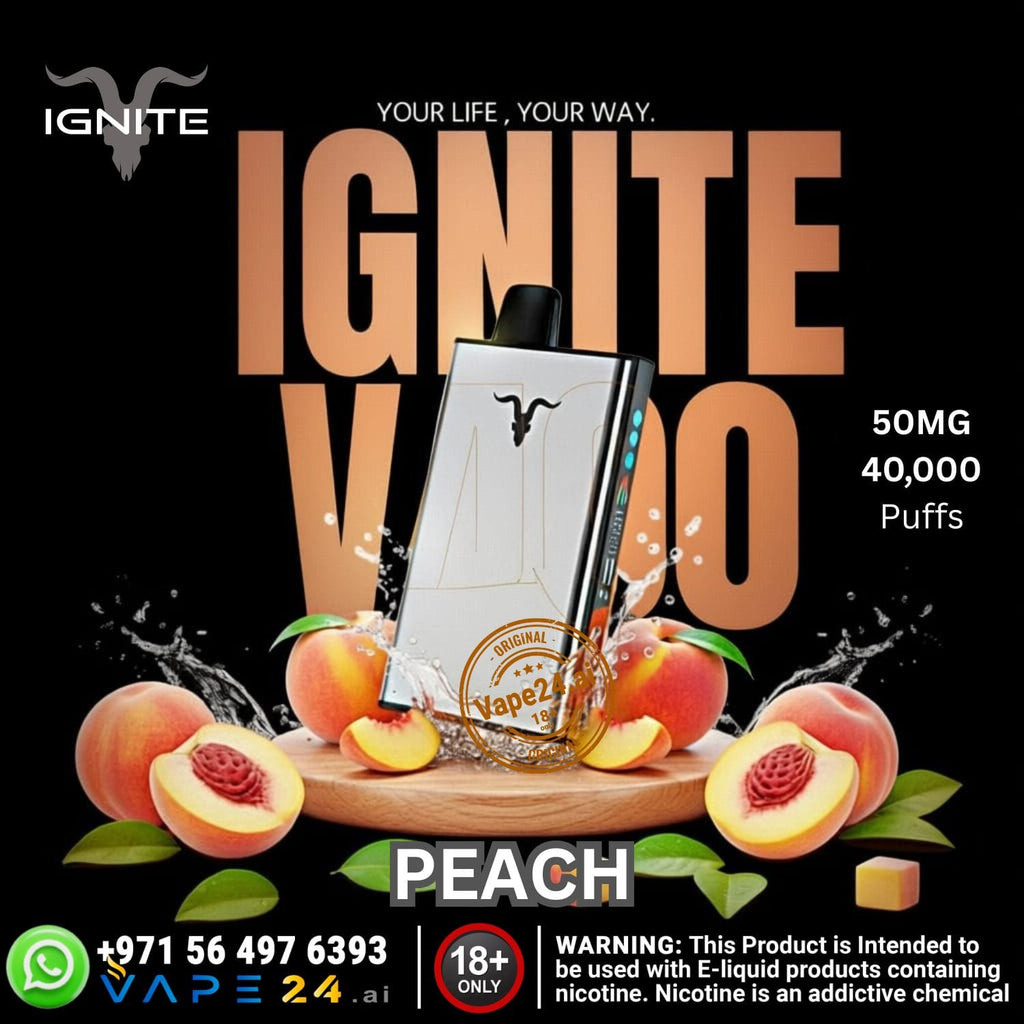 Advertisement for IGNITE Vape with peach flavor and product details on a black background
