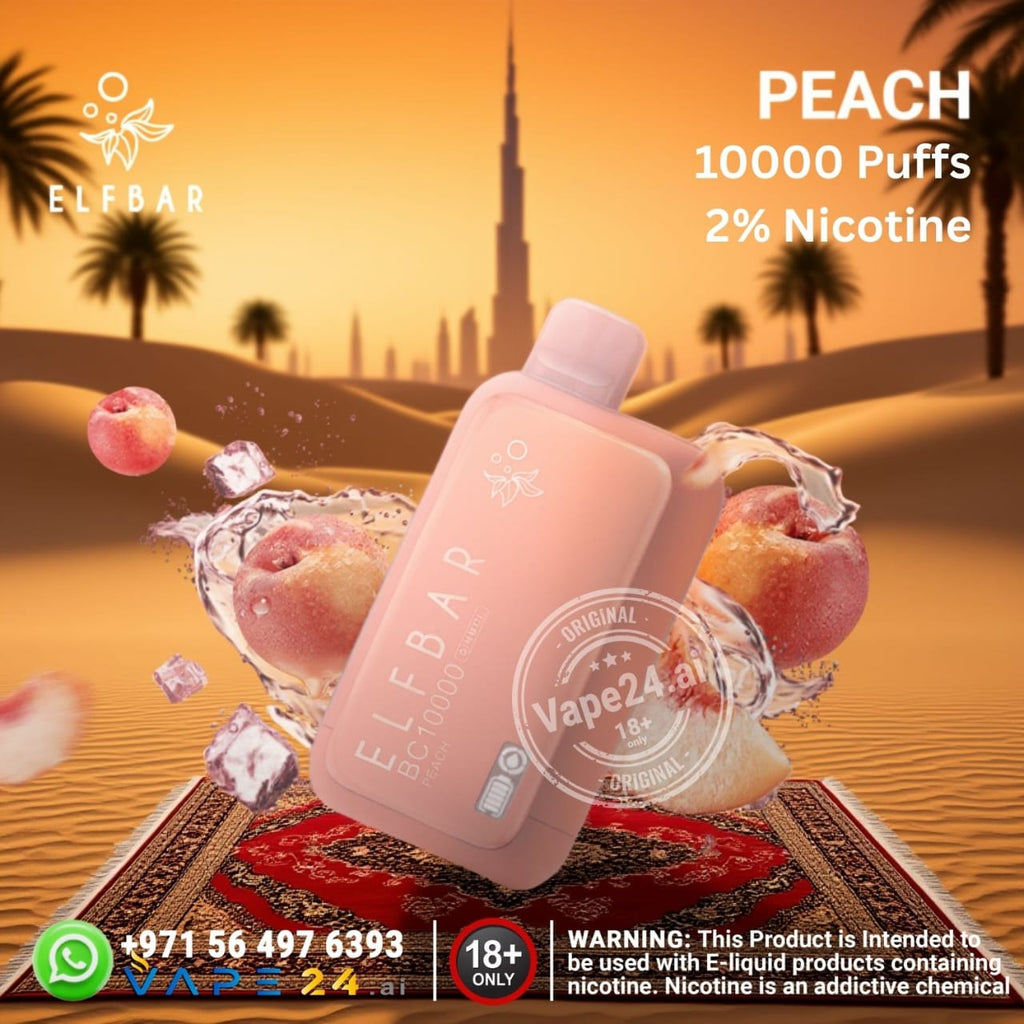 Elf Bar BC10000 puffs 20mg peach vape juice bottle with desert and palm tree background