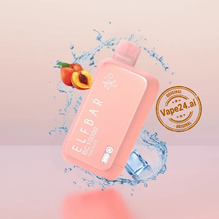 Pink ELF BAR BC 10000 Puffs disposable vape with peach flavor splash background and Vape24.ai authenticity stamp
