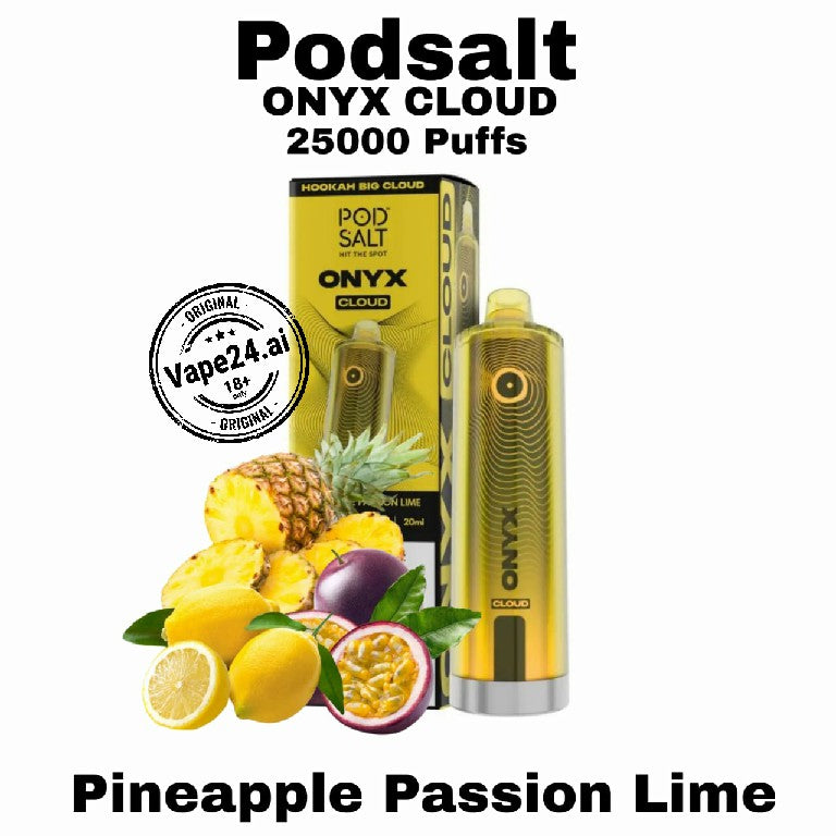 Podsalt ONYX Cloud vape device and packaging with pineapple, passion fruit, and lemon on a white background.