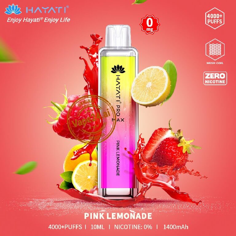 HAYATI PRO MAX Pink Lemonade disposable vape with strawberry and lemon splash, 4000 puffs, 0mg nicotine, 1400mAh battery.