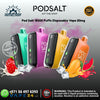 Pod Salt disposable vape devices in various colors with branding and product details on a colorful background.