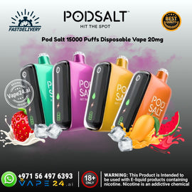 Pod Salt disposable vape devices in various colors with branding and product details on a colorful background.