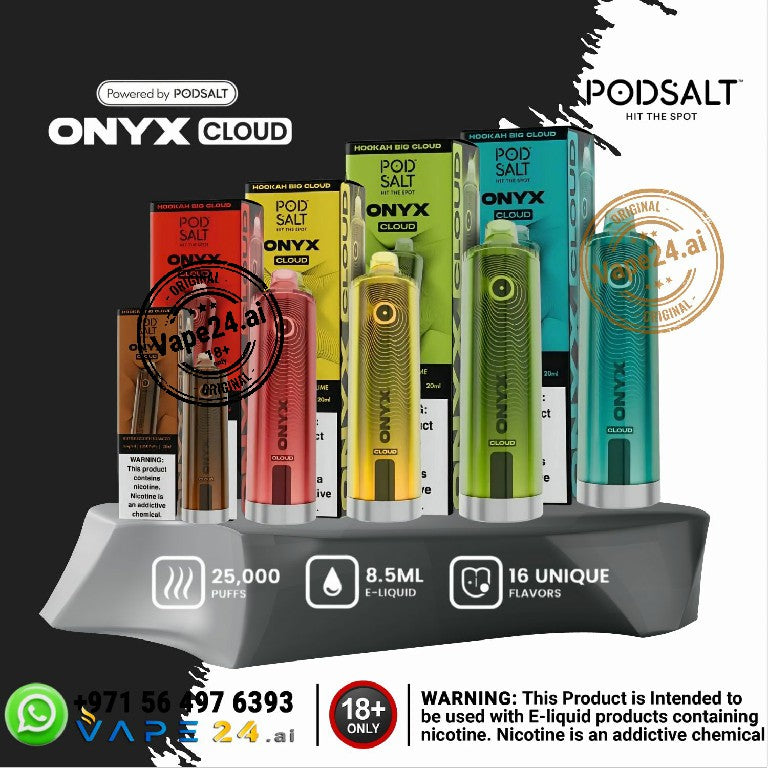 Display of ONYX Cloud vape devices, Podsalt branding with product details.