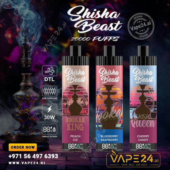 R&M Shisha Beast 20000 Puffs Disposable Vape in Dubai - Peach Ice, Blueberry Raspberry, Cherry Candy flavors, express delivery, Vape24.ai
