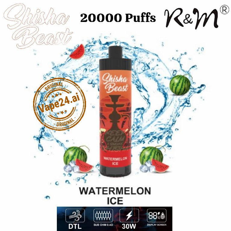 R&M Shisha Beast Watermelon Ice 20000 Puffs Disposable Vape Packaging with Watermelon Splashes and Vape24.ai Original Stamp