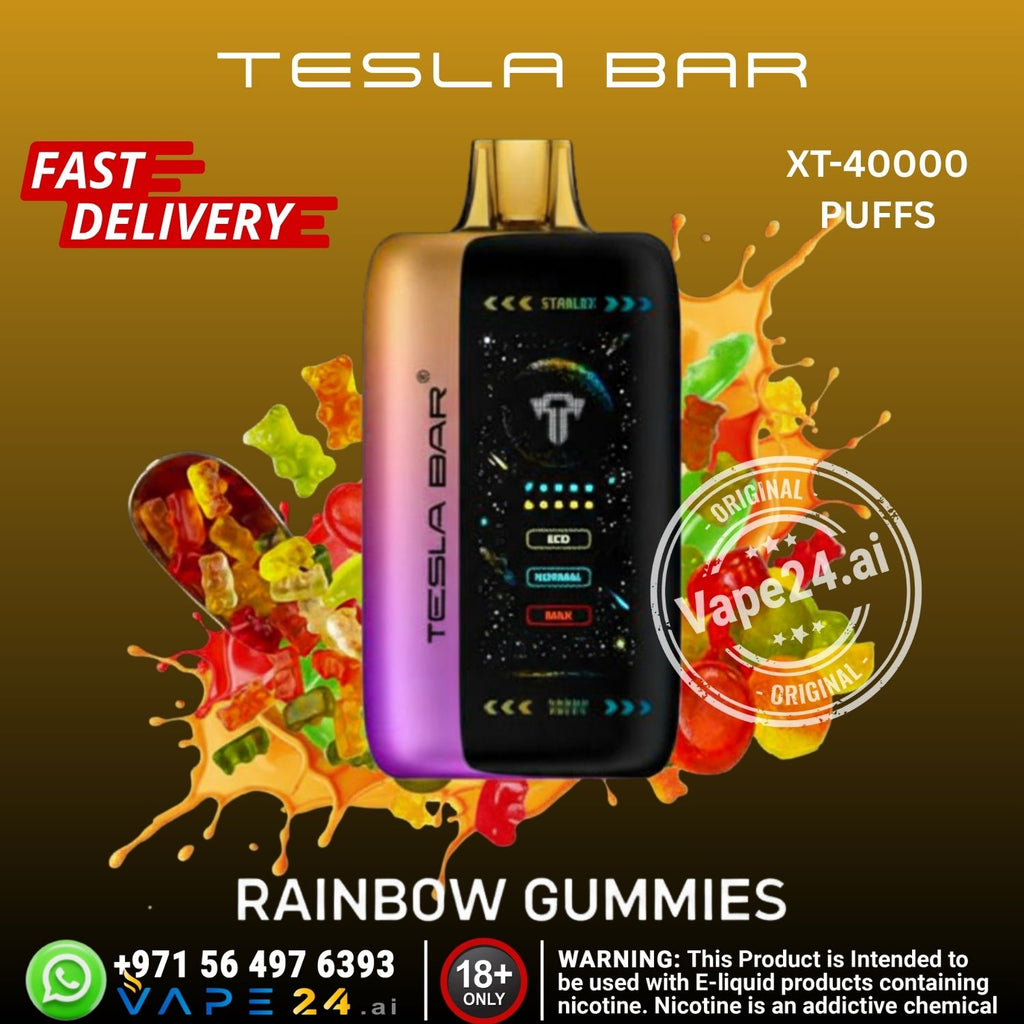 Tesla Bar vape device with colorful gummy bears and splashes on a brown background, featuring Vape24.ai branding.