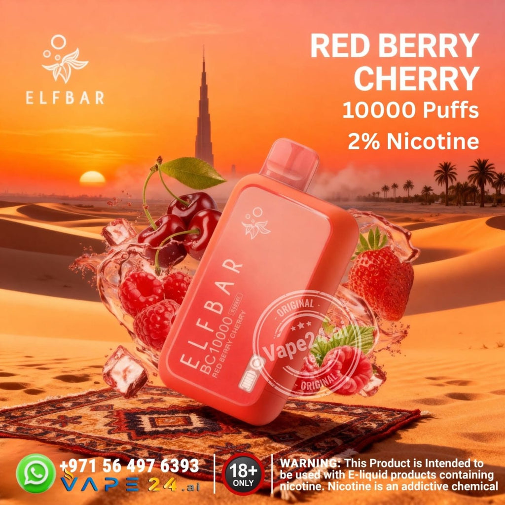Elf Bar BC10000 puffs 20mg vape device with red berry cherry flavor and desert background
