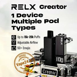 RELX Creator vape device with adjustable airflow, offering 15K-20K puffs and multiple pod types.