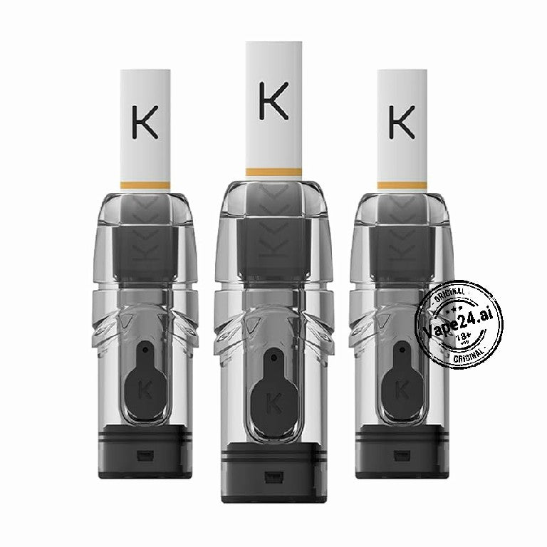 Three K-style vape cartridges on a white background with a brand logo.