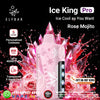 Elfbar Ice King Pro Rose Mojito flavor vape device with colorful liquid effects on a black background