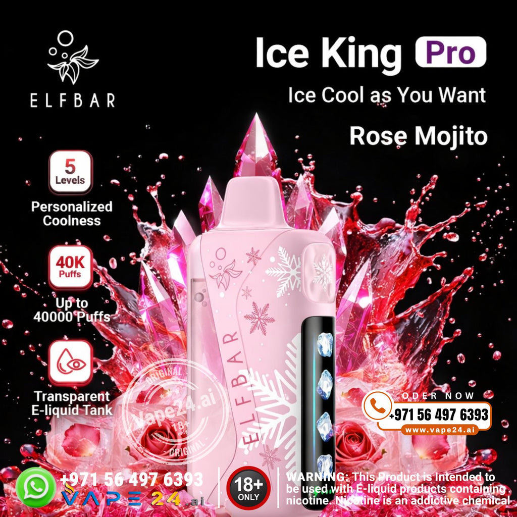 Elfbar Ice King Pro Rose Mojito flavor vape device with colorful liquid effects on a black background