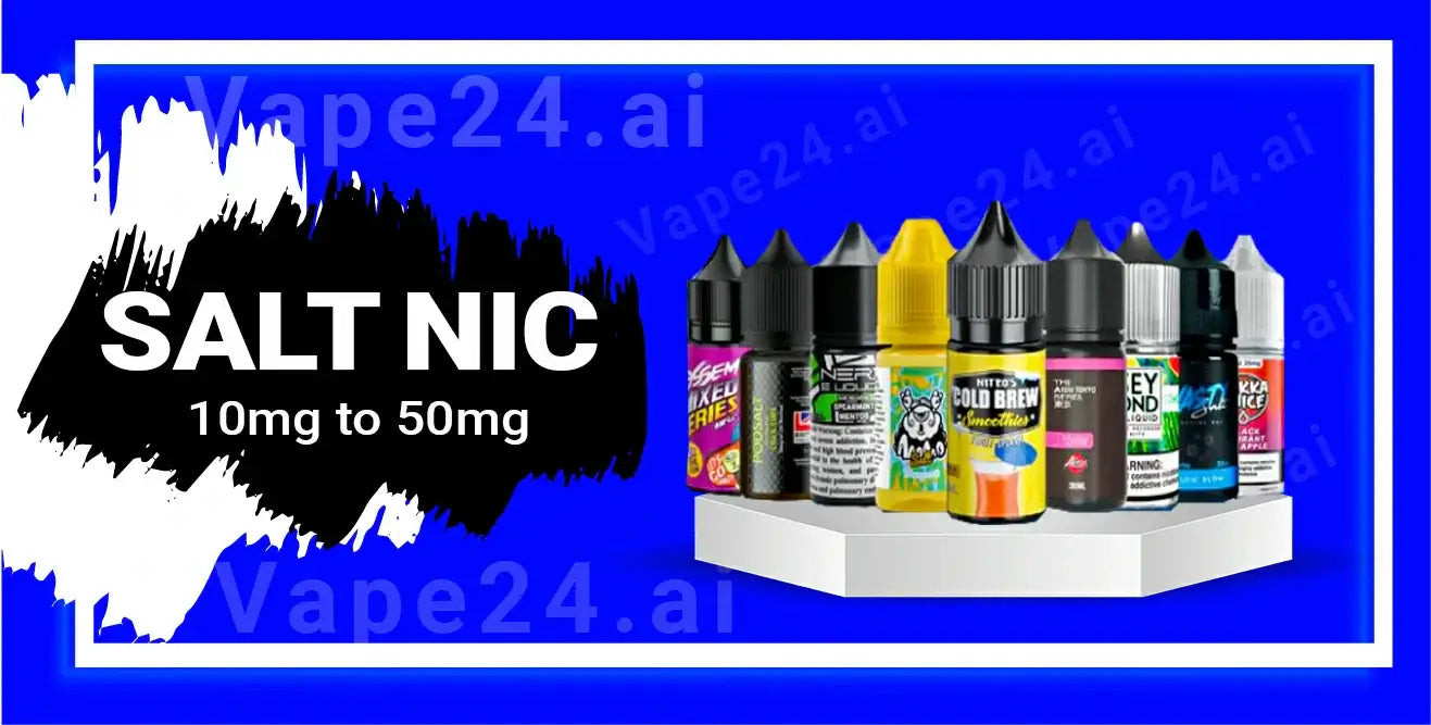 Colorful display of salt nicotine vape juices with varying nicotine levels from 10mg to 50mg on a white pedestal.