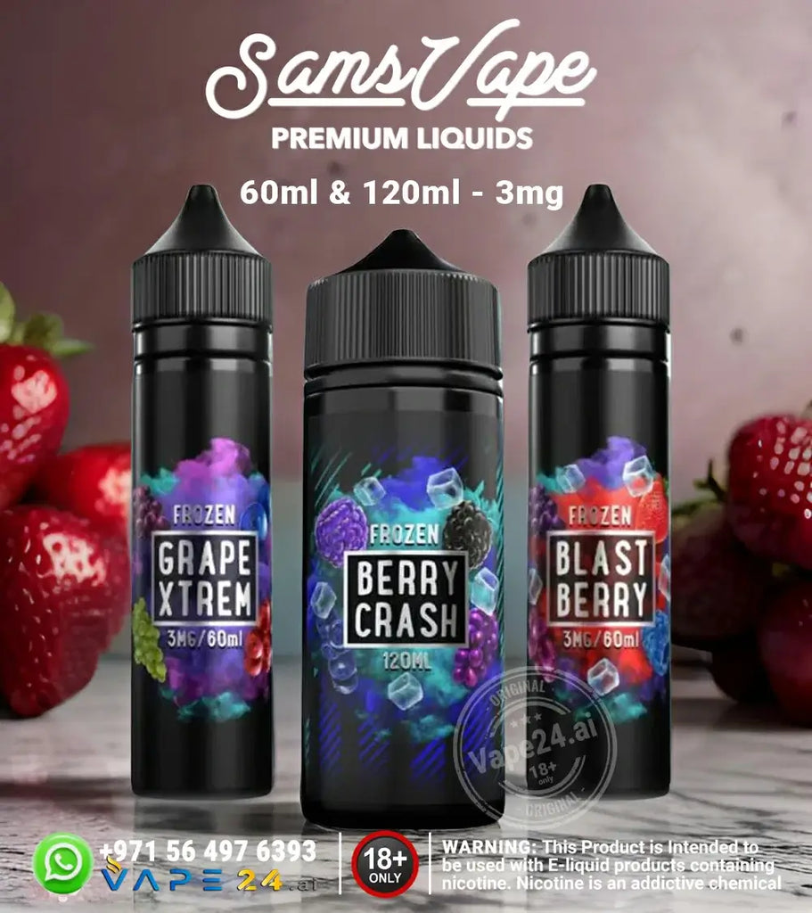 SAMS VAPE Premium E-Liquids in 60ml and 120ml bottles featuring Grape Xtrem and Blast Berry flavors.