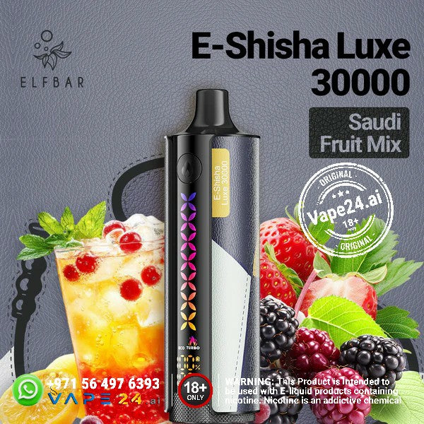 Elf Bar E-Shisha Luxe 30000 Puffs featuring Saudi Fruit Mix flavor, vibrant design and refreshing drink backdrop.