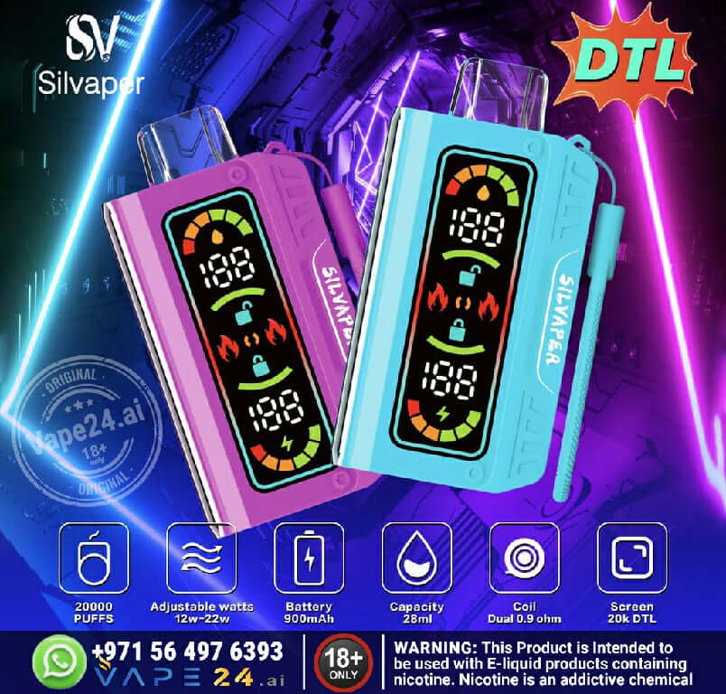 Silvape 20000 Puffs DTL Disposable Vape with adjustable wattage and 900mAh battery, featuring vibrant display and dual coil technology.