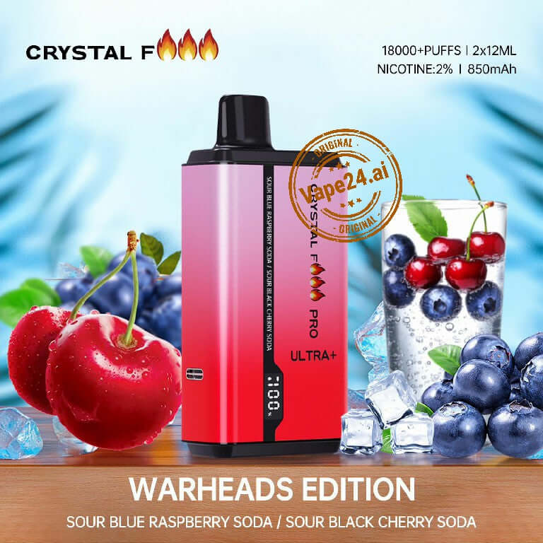 Crystal Fire Dual Flavour vape with Warheads Edition, featuring Sour Blue Raspberry and Sour Black Cherry Soda flavors.