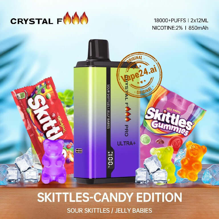 Crystal Fire Pro vape in Skittles-Candy Edition, offering 18000 puffs, with vibrant flavors and colorful candy backdrop.