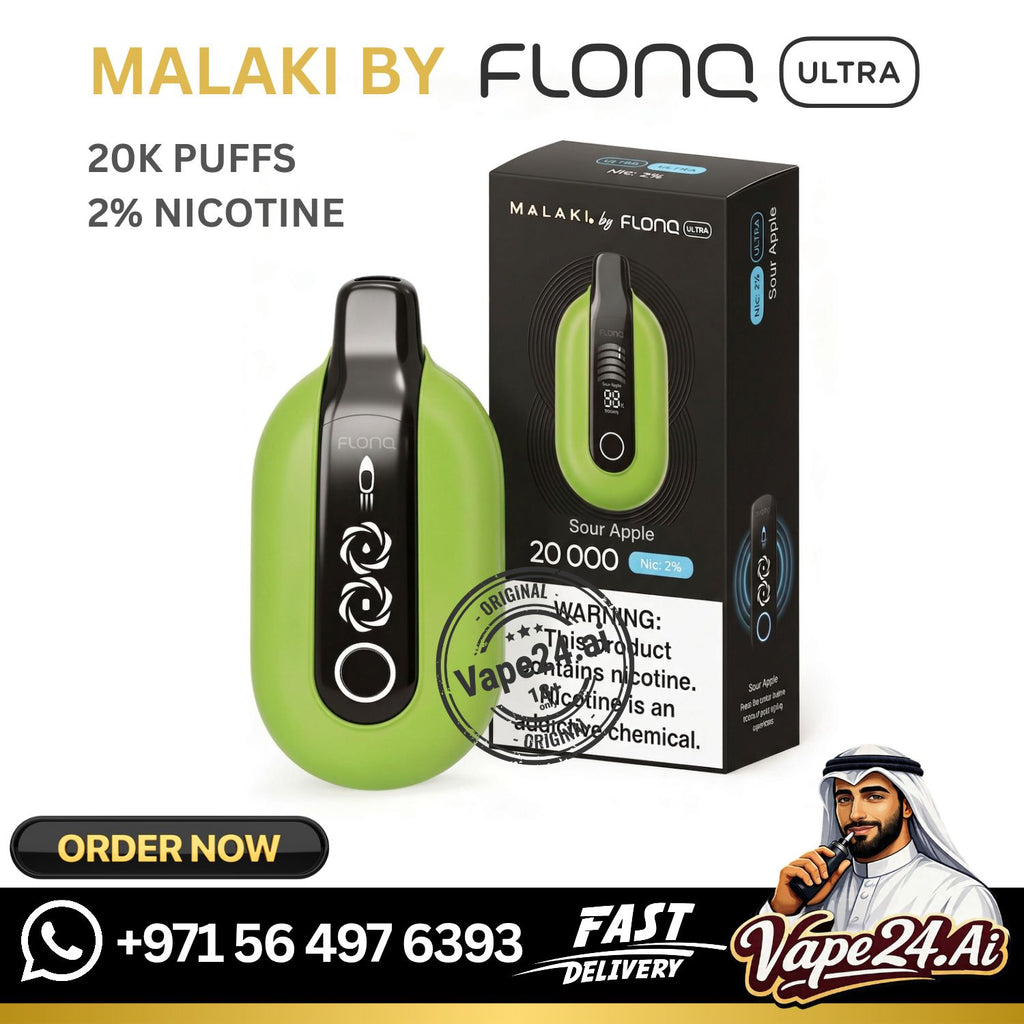 Green vape device with packaging and branding details on a white background