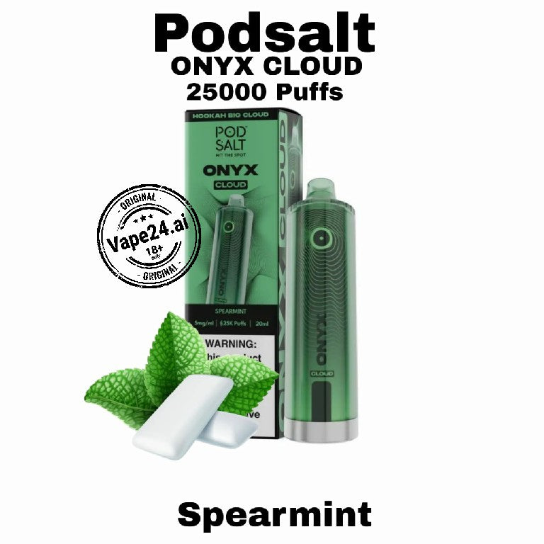 Podsalt ONYX Cloud vape device and packaging with spearmint flavor on a white background.