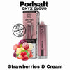 Podsalt ONYX Cloud vape device and packaging with 'Strawberries & Cream' flavor on a white background.
