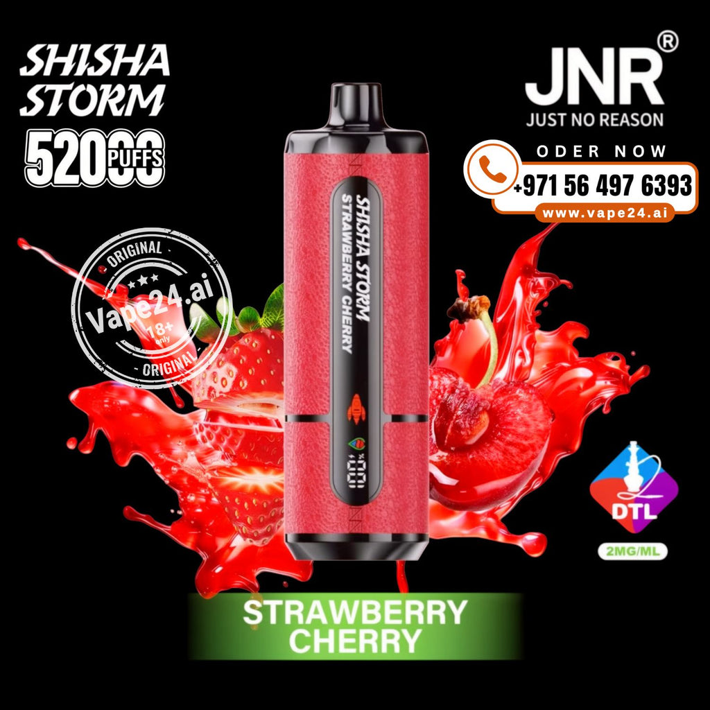 Red strawberry cherry vape device with brand logos and contact information on a black background