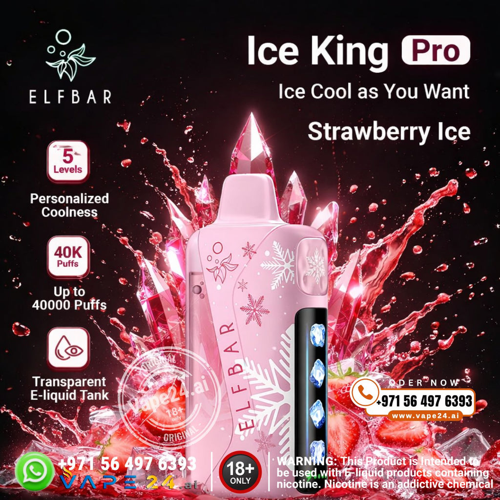 Elfbar Ice King Pro Strawberry Ice flavor vape device with water splashes on a dark background