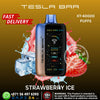 Tesla Bar vape device with strawberry ice flavor on a colorful background