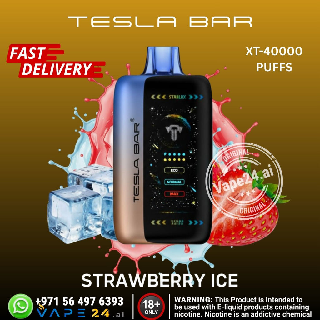 Tesla Bar vape device with strawberry ice flavor on a colorful background