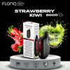 FLONQ MAX S Strawberry Kiwi 8000 vape device and packaging with fruit graphics on a black background