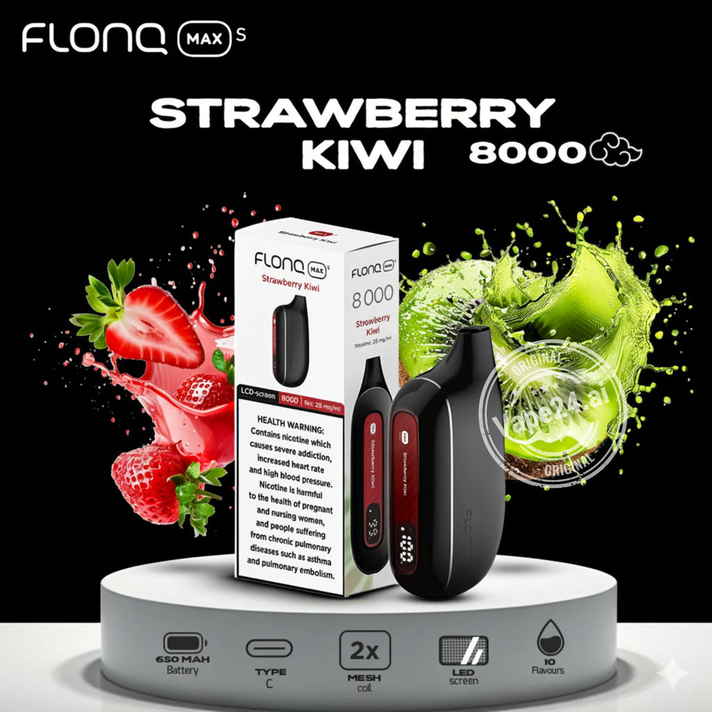 FLONQ MAX S Strawberry Kiwi 8000 vape device and packaging with fruit graphics on a black background