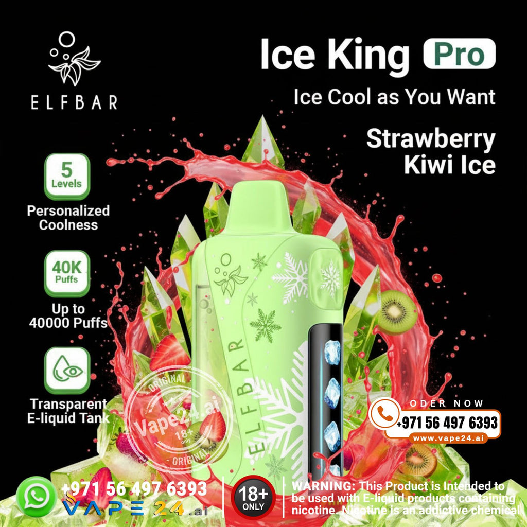 Green vape device with strawberry kiwi ice flavor on a colorful background, featuring ELF BAR branding.