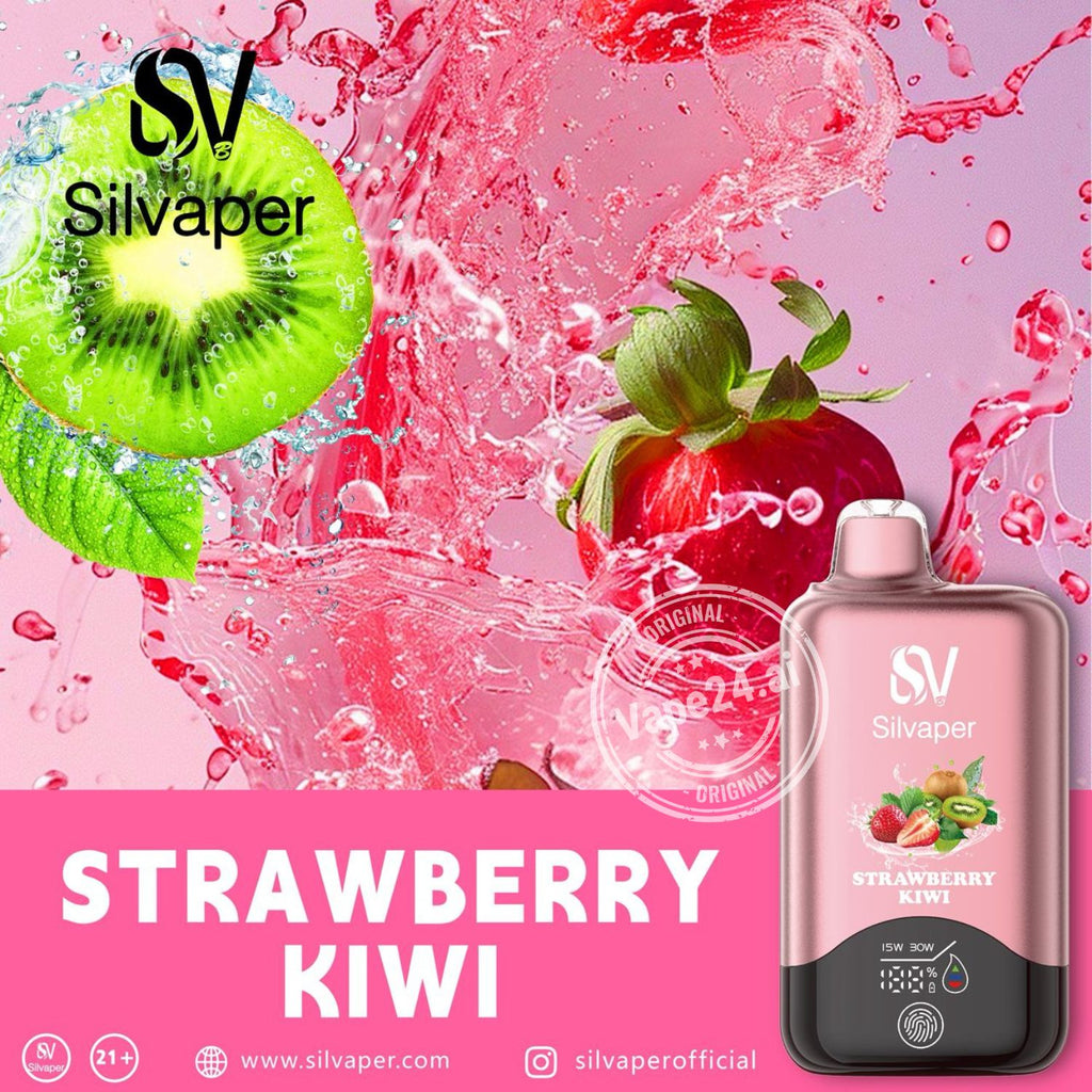 Silvaper Strawberry Kiwi vape juice packaging with kiwi and strawberry graphics on a pink background.