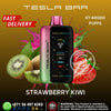 Tesla Bar vape device with strawberry kiwi flavor on a colorful background