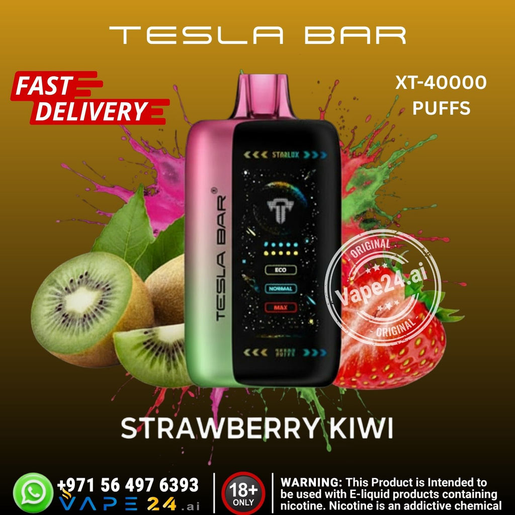 Tesla Bar vape device with strawberry kiwi flavor on a colorful background