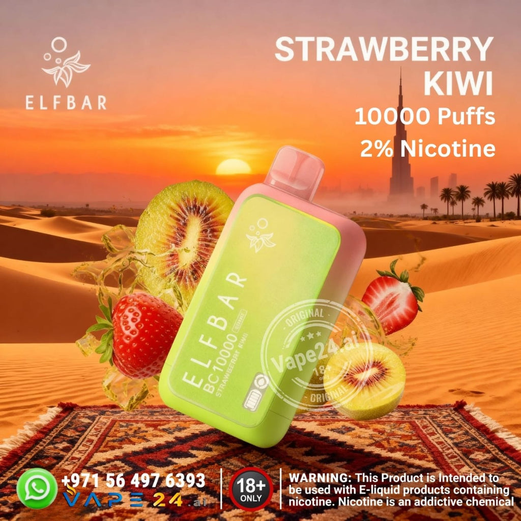 Elf Bar BC10000 puffs 20mg vape device with strawberry kiwi flavor and desert background