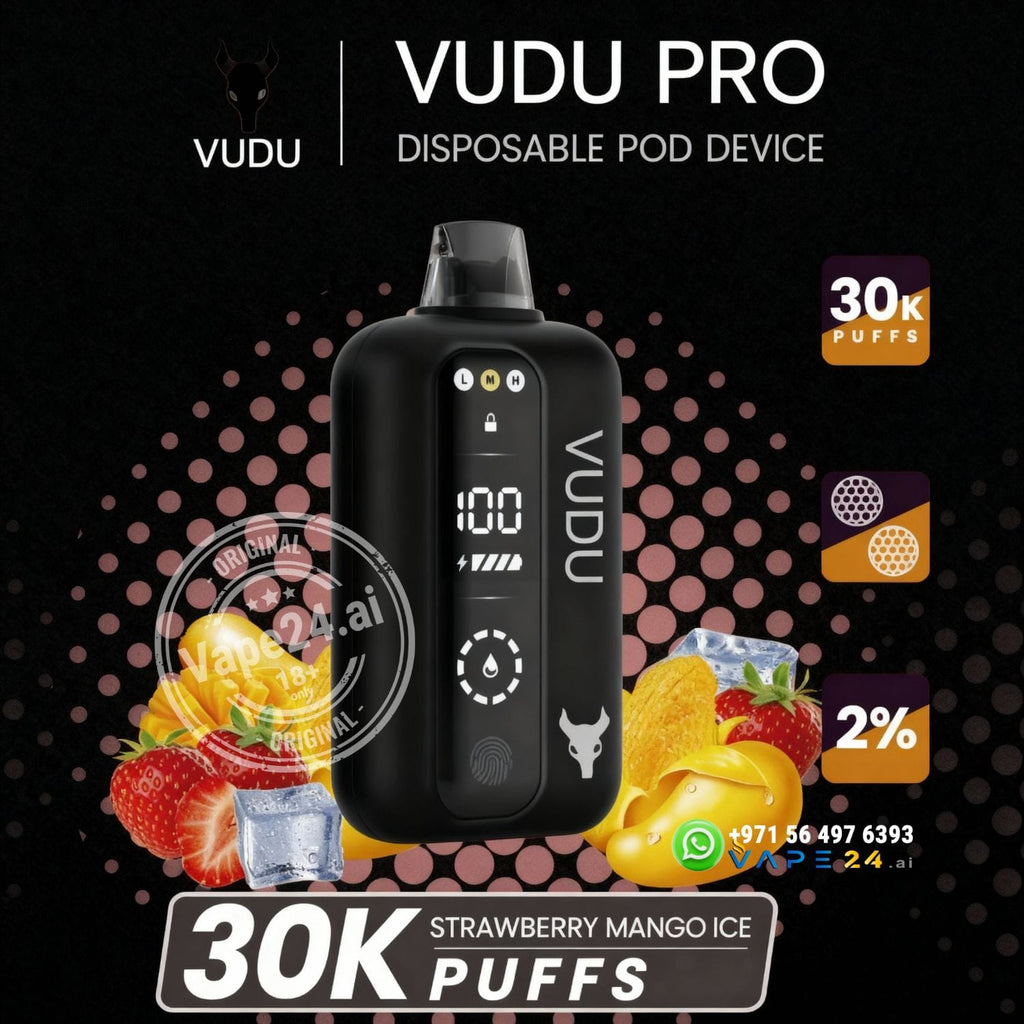 Vudu Pro disposable pod device with fruit graphics and product details on a dark background