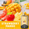 Silvaper Strawberry Mango vape juice with sliced mango, strawberry, and a splash of liquid on a white background.